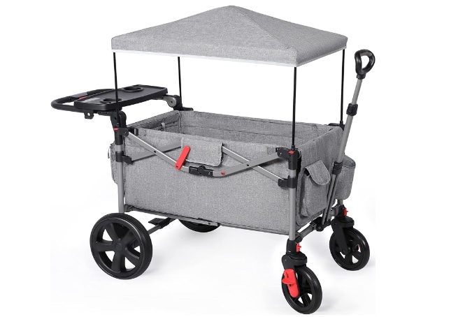 EVER ADVANCED Foldable Wagons for Two Kids & Cargo, Collapsible Folding Stroller with Adjustable Handle Bar