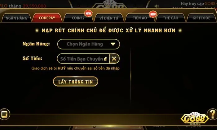 nạp tiền Go88 Nạp tiền Go88 nhanh chóng qua ngân hàng điện tử, tiện lợi mọi lúc